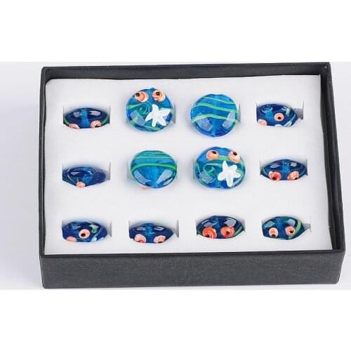 12pcs/box Jewelry Beads Ocean Style Handmade Lampwork Beads, Flat Round with Starfish, RoyalBlue, 20x10mm, Hole: 1.5mm