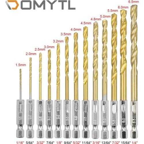 13pc Hex Shank High Speed Steel Titanium plating Drill Bit Set Drill Multl Twist Drill 1/16"-1/4" For Power Tools