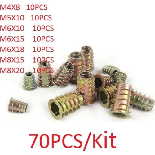 70pcs/kit M4 M5 M6 M8 Zinc Alloy Thread For Wood Insert Nut Flanged Hex Drive Head Furniture Nuts