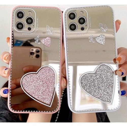 Glitter Love Heart Mirror Phone Case For iPhone 12 11 Pro Max XR XS X 7 8Plus 12Mini Case Luxury Butterfly Shockproof Back Cover