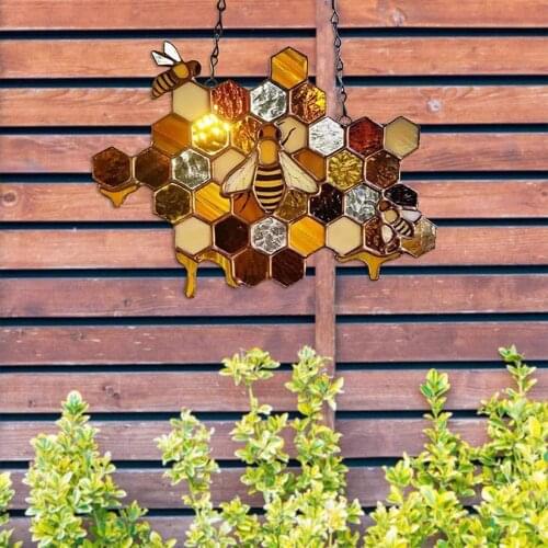 Honeycomb Stained Glass Window ings Peeking Bee Decorative