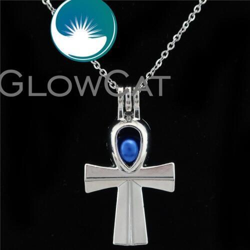 GLOWCAT K677 Ancient Ankh Cross Egyptian Symbol Beads Cage Essential Oil Diffuser Pearl Cage Locket Necklace Women Girl Jewelry