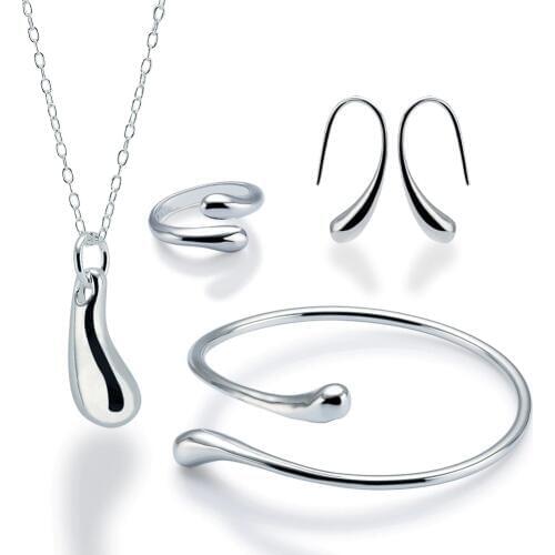 Hermosa Drop Pendant Silver Color Chain Necklace Earring Bangle Ring 8# Jewelry Sets TZ400484 Pretty Girls Gift