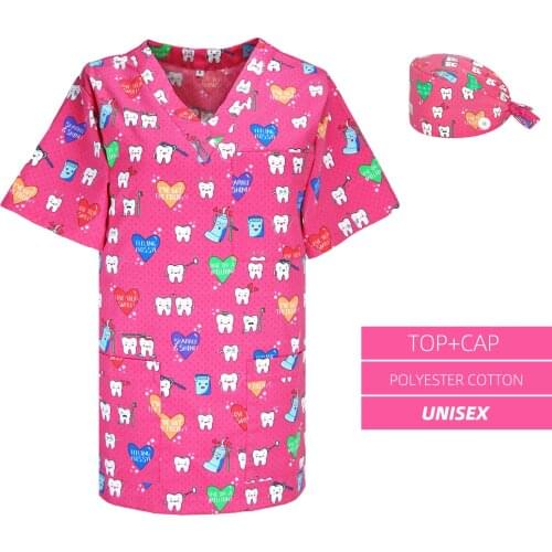 Unisex Scrub top Cotton XXS-XXXXL Teeth Printing Uniforms Nurse Accessories Clothes Round V-Neck Scrubs Tops for Women Men