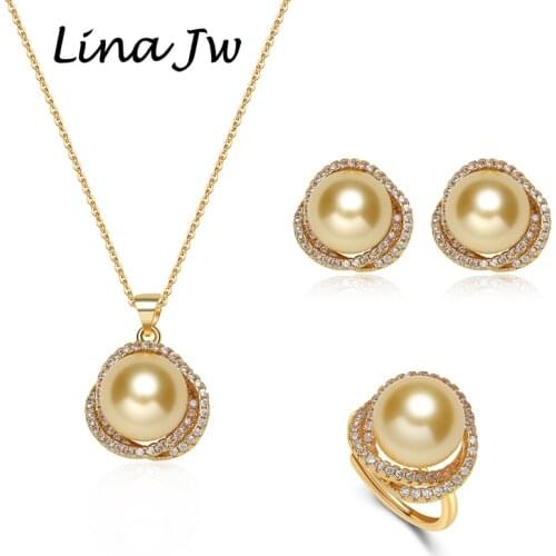 2021 South Sea Shell Pearl Jewelry for Women Sets Retro Trendy Necklace Earrings Ring With Zircon Party Bridal Wedding