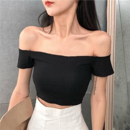 Summer New Fashion Street One Shoulder Sexy Short Sleeve Camisole Korean Solid Color Casual Wild Slim Korean Knitted Crop Top
