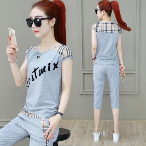 Summer Short Sleeve New Two Piece Set Top and Pants Ladies Plus Size Korean Fashion Casual Two Piece Set Women Red Gray White