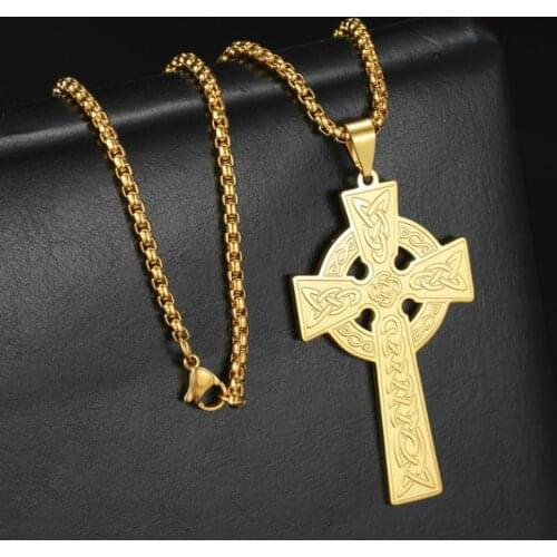 LIKGREAT Vintage Men Necklace Cross Talisman Stainless steel Pendant Celtics knot Viking Charm Necklace Gold Chain Punk Jewelry