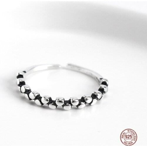 LKO 925 Sterling Silver Open Rings Vintage Geometric Beads Smooth Adjustable Finger Rings for Women Cocktail Party Ornaments