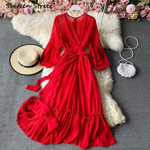 Maxi Dresses for Women Bow Ruffle Shirring Lace Patchwork Bandage Sexy Dress Vintage Clothing Women Long Sleeve Vestido De Mujer