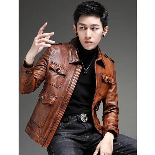 Oil Wax Leather Genuine Mens Biker Jacket Autumn Fashionable Head Layer Sheepskin Coat