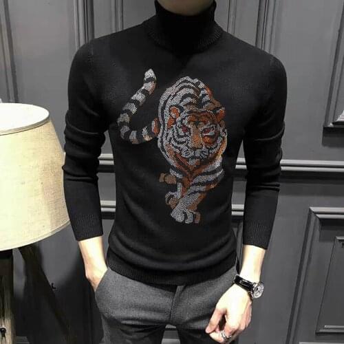 Autumn And Winter Mens Turtleneck Sweater High-Quality Fabric Knit Tops Male Animal Print Warm Pullover Casual Long Sleeves