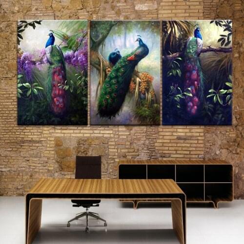 Print Painting Abstract Colorful Feather HD Framework 3 Panel Peacock Combination Canvas Wall Art Poster For Living Room Picture