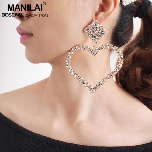 MANILAI Luxury Crystal Rhinestone Drop Dangle Earrings Heart Shape Big Earrings Women Wedding Bridal Earrings Accessories
