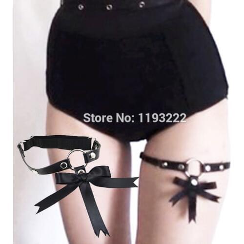 Sexy 100% Handmade Leather Garter Belt Ribbon Lace Bowknot Bow Rivets Leg Suspender Belt Thigh Loop