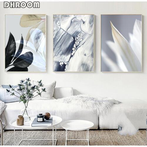 Grey Abstract Painting Scandinavian Marble Poster Black Leaf Print Botanical Canvas Print Wall Art Picture Living Room Decor