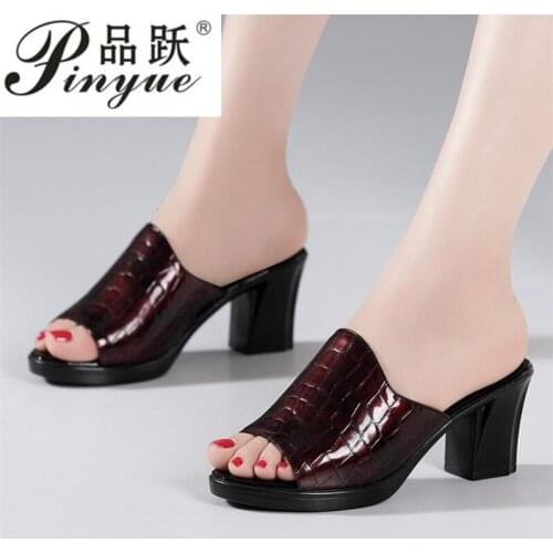 Plus Size 32-43 High Heels Slippers Women Platform Shoes Summer 2021 Block Heel Patent Leather Slides Ladies Slippers for Offic