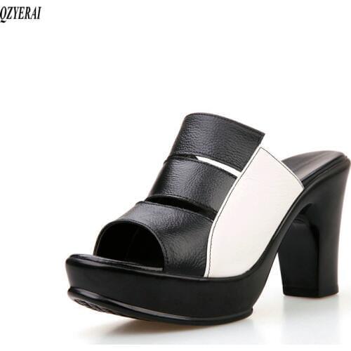 Genuine leather Slippers women new European style 9cm heels sandals black and white genuine cowhand womens shoes size 34-41
