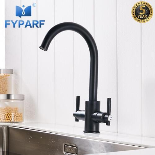 FYPARF Contemporary Black Matte Kitchen Faucet Deck Mounted Dual Handle 360 Water Mixer Tap Cold Hot Kitchen Mixer for Sink Taps