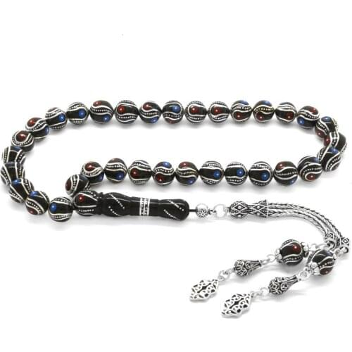 Tesbihane 925 Sterling Silver Tassels Silver-Coral-Turquoise Embroidered Erzurum Oltu stone Rosary
