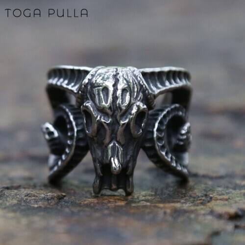 Domineering Retro Stainless Steel Satan Baphomet Goat Ring Cool Motorcycle Biker Ring Adjustable Opening Men Animal Ring Jewelry