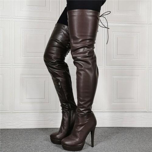 Women Thigh High Platform Sex Faux Leather Block Heeled Boots Over Knee High Shoes Woman Botas Mujer Big Size 44 45 46 47 F345