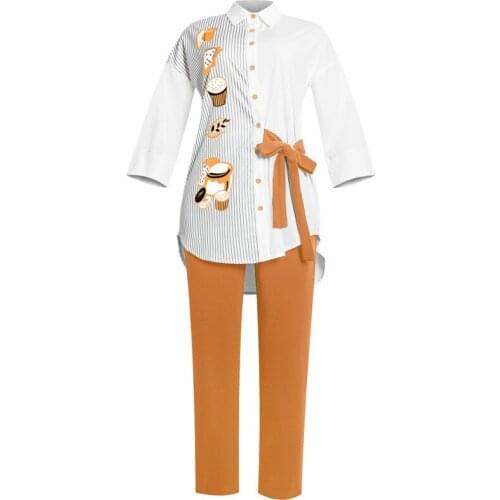 2 Piece Set Women Slim Solid Pants And 3/4 Sleeve Stand Collar Split Top 2020 Fashion Print Irregular Office Lady Suit Outfits