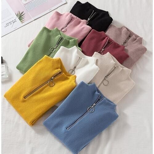 Zoki Zipper Women Sweater Autumn Pullover Knitted Jumper Long Sleeve Fashion Elegant Korean Chic Winter Female Blouse New 2021