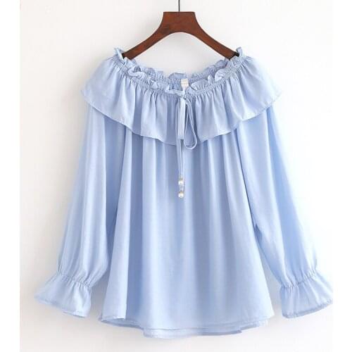 Sweet Style Ruffles Women Blouse 2020 Summer New Slash Neck Solid Loose All Match Lady Elegant Pulls Tops