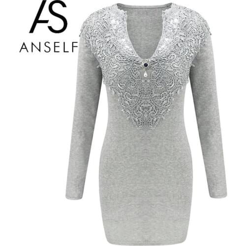 Women Dress Ribbed Floral Crochet Lace Splicing Rhinestone V Neck Long Sleeve Mini Slim Elegant Ladies Bodycon Dress One-Piece