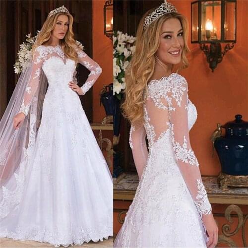 Modest Long Sleeves Lace Appliques Wedding Dresses Bridal Gowns Garden Vintage Robe De Novia Natural