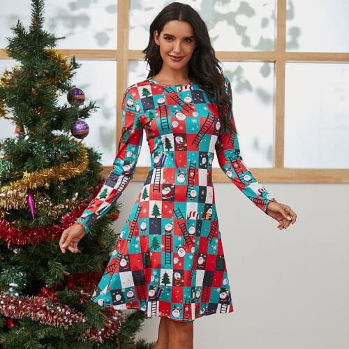 Christmas Dress Women Santa Snowflake Plaid Print Vintage Dress A-line Long Sleeve Evening Party Casual Dresses
