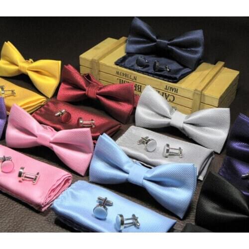200sets/lot 3PCS/set mens small plaid Butterfly bow tie+Cufflinks+Pocket Square Hankerchief Hanky set/Wedding Party Bowtie