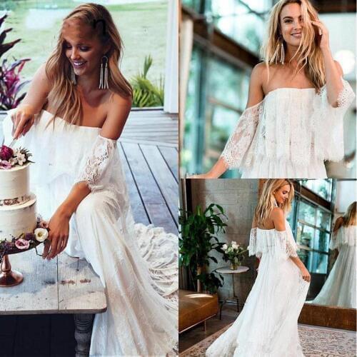 2021 Vintage Full Lace Bohemian Wedding Dresses Boho Country Off Shoulder half Sleeve Backless sexy Wedding Dress Bridal Gowns