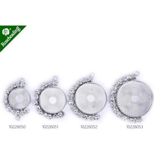Zinc alloy Double Sided Cameo Base With Rhinestones Pendant blank for Necklaces Cabochon Mounting,sold 5pcs/lot