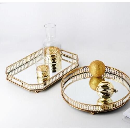 European Trays Decorative Dessert Plate Golden Tray Glass Mirror Storage Plate Display Plate Fruit Dish Home Decoration Modern