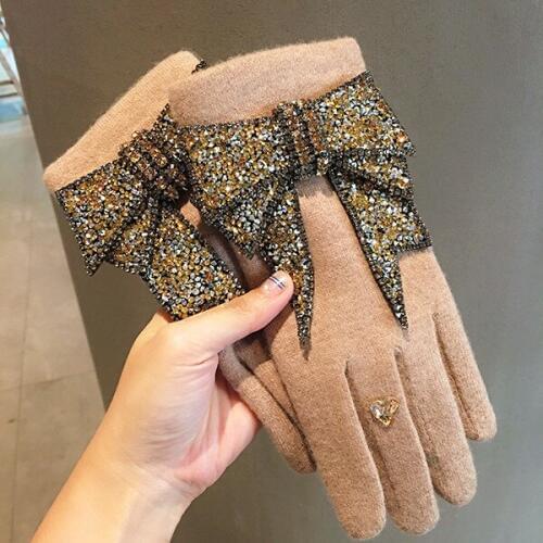 HD Korean-style Bingbing Crystal Ultra Large Bow Cashmere Plush Velvet Refers Fingers Warm Gloves Female Winter Touch Screen