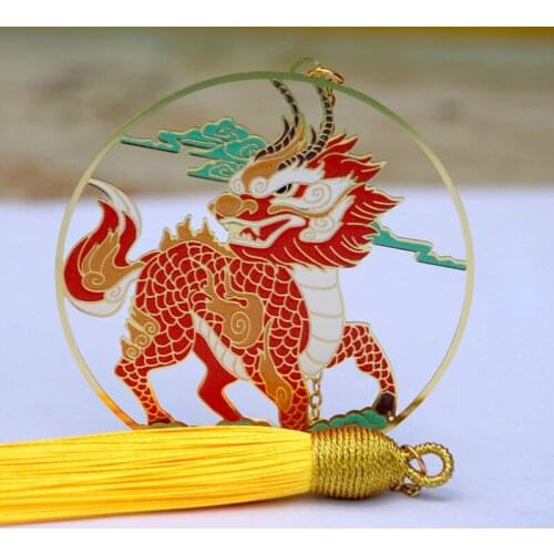 Kawaii Kirin Group Fan Bookmark Cute Tassel Brass Pendant Art Exquisite Book Mark Page Folder Office School Supplies Stationery
