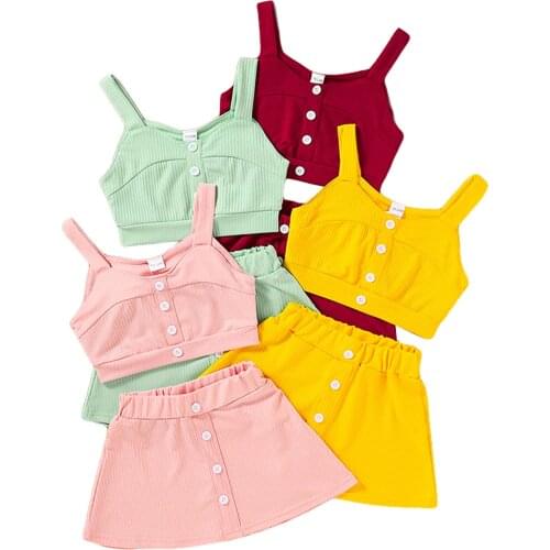 2021 Fashion Kids Baby Girl’s Summer Two Piece Set Fashion Solid Color Button Camisole and A-line Short Skirt