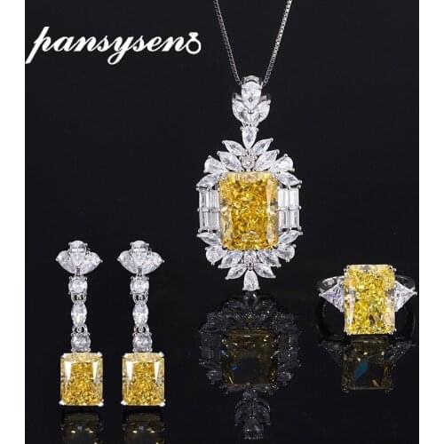 PANSYSEN 925 Sterling Silver Radiant Cut Citrine Simulated Moissanite Gemstone Necklace/Earrings/Ring Jewelry Sets Wedding Gift
