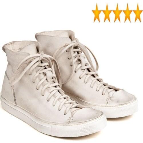 Leather Cowhide Washed Vintage Genuine Men High-Top Lace Up Platform White Sneakers Handmade Luxury Work Casual Shoes