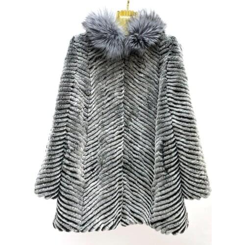 Winter Warm Womens Real Rex Rabbit Fur Large Jacket Natural Silver Fox Collar Fashion Striped Jacket QD.YISHANG
