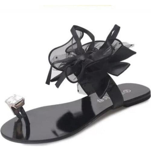 Summer new style womens sandals with bowknot rhinestones flat-bottomed large size set toe sandals and slippers for women