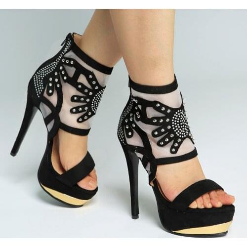 Summer Floral Carved Mesh Patchwork Top Sandals Rivets Crystal Drilled Woman Gold Patched Platform High Heels Sandal Bottines