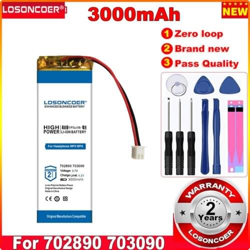 LOSONCOER 0 Cycle 100% New 3000mah plug 1.5-2P 3.7V 702890 703090 lithium polymer li-ion rechargeable battery lipo battery