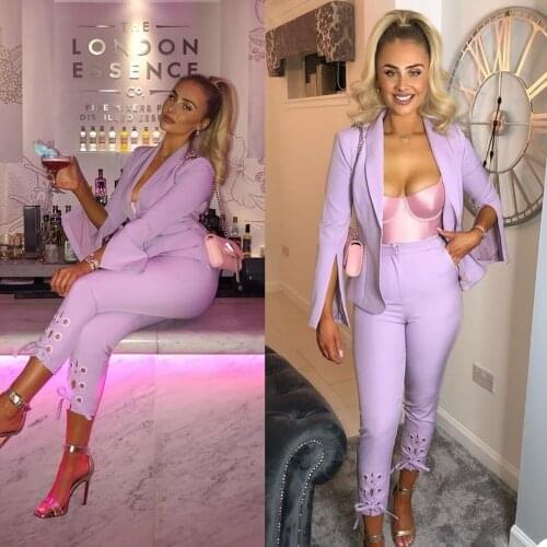 Fashion Purple Women Blazer Suits with Belt Sexy V Neck Formal Office Lady Pants Suit Prom Party Wedding (Jacket+Pants)
