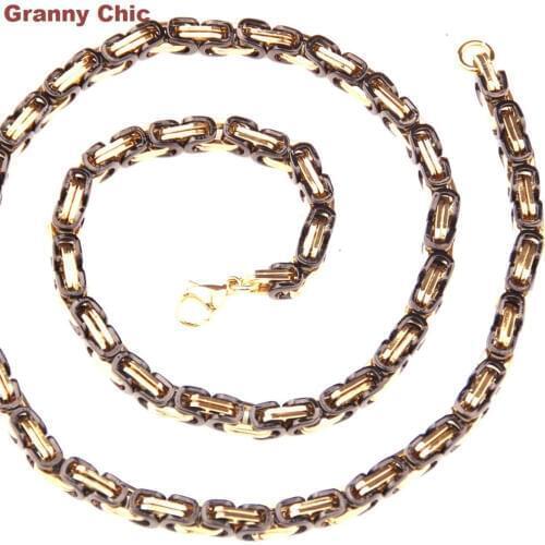 Granny Chic New Arrive Mens Jewelry Gold Black Stainless Steel Byzantine Link Necklace or Bracelet 6mm 7-40in