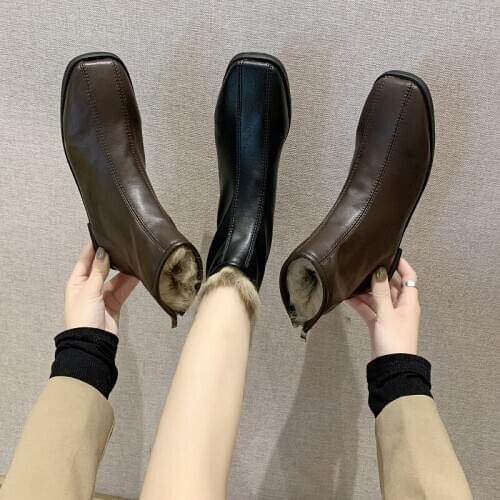 2020 New Zapatos Mujer Women Boots Leather Ankle Boot Square Toe Shoes Female Fashion Party Zip Shoes Ladies Warm PlushU11-51