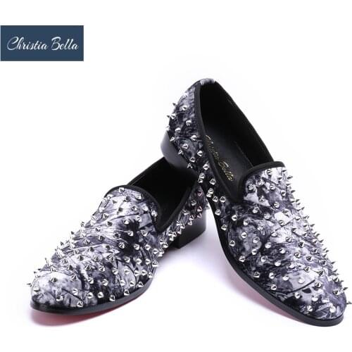 Christia Bella New Fashion Men Full Rivet Flat Shoes Brand Designer Leather Prom and Party Men Dress Shoes Males Loafers