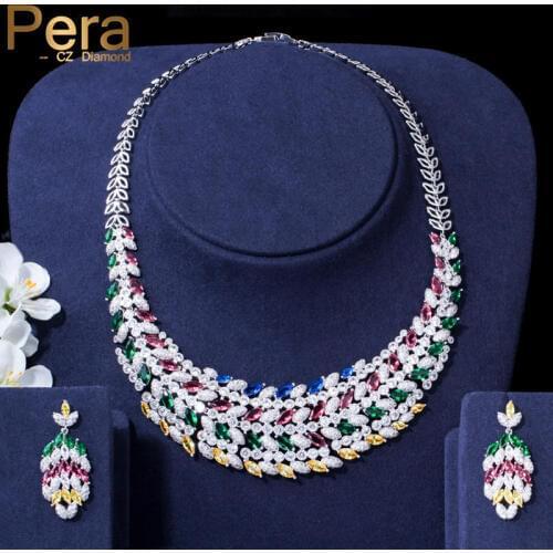 Pera Boho Multicolor Cubic Zirconia African Bridal Wedding Super Wide Leaf Shape Earring and Necklace Jewelry Set for Women J078